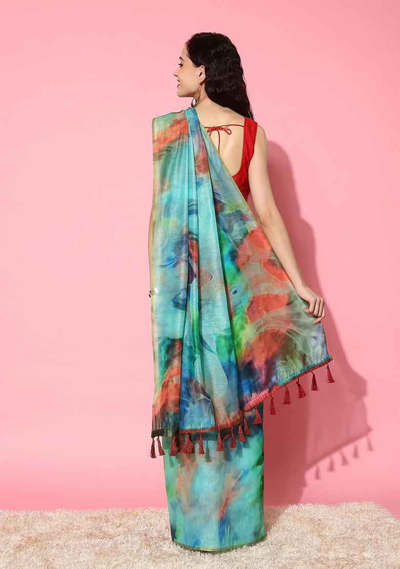 Multicolour Tie Dye Print Organza Saree Set