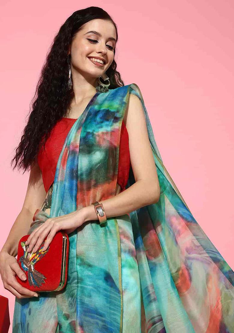 Multicolour Tie Dye Print Organza Saree Set