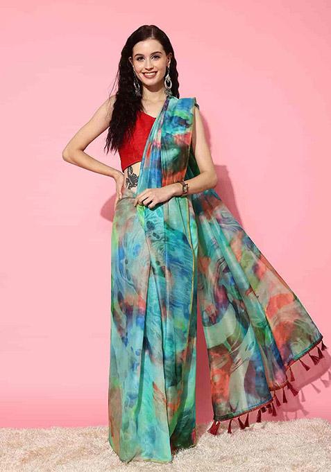 Multicolour Tie Dye Print Organza Saree Set