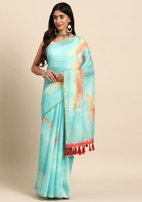 Sea Green Tie Dye Print Organza Saree Set