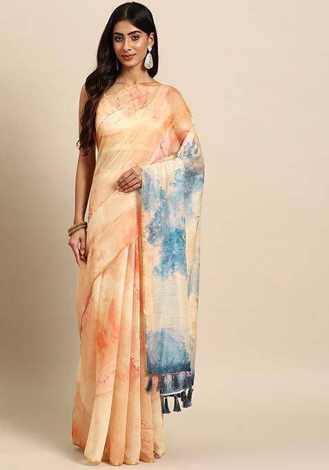 Beige Tie Dye Print Organza Saree Set