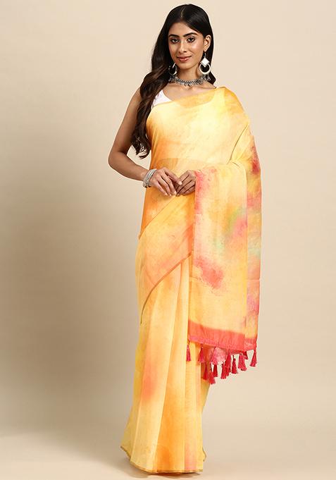 Yellow Tie Dye Print Organza Saree Set