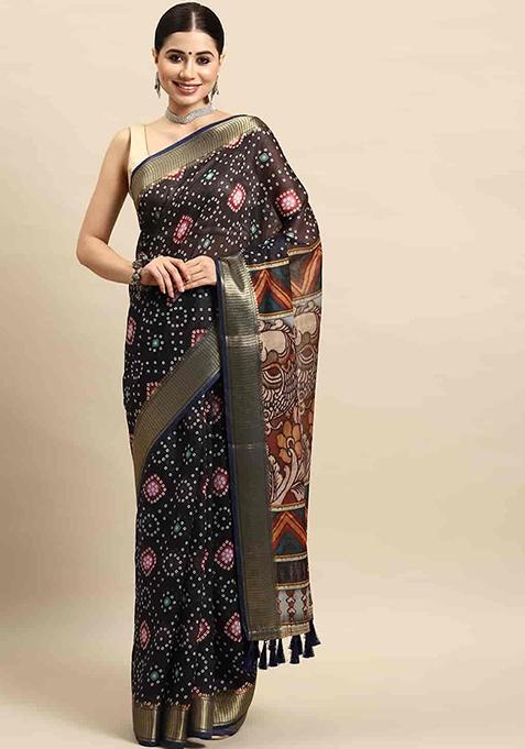 Navy Blue Kalamkari Digital Print Cotton Blend Saree Set