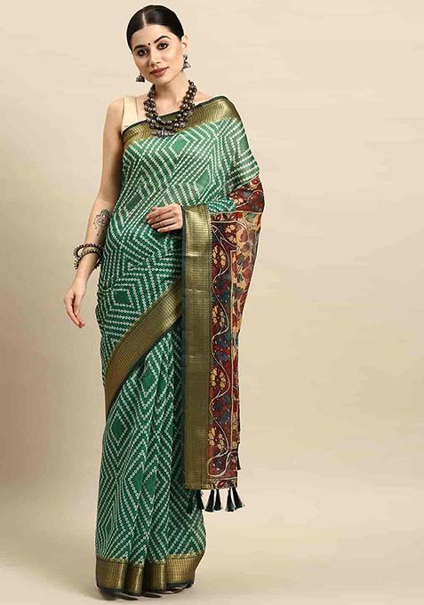 Green Digital Print Cotton Blend Saree Set