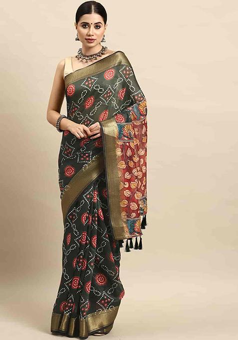 Dark Green Kalamkari Print Cotton Blend Saree Set