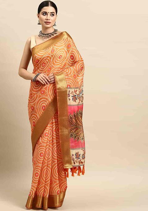 Peach Kalamkari Print Cotton Blend Saree Set