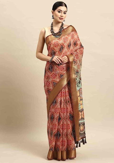 Brown Kalamkari Print Cotton Blend Saree Set