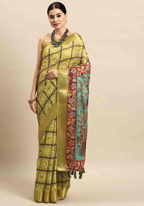 Yellow Kalamkari Print Cotton Blend Saree Set