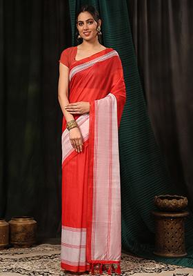 Red Digital Kalamkari Print Cotton Blend Saree Set