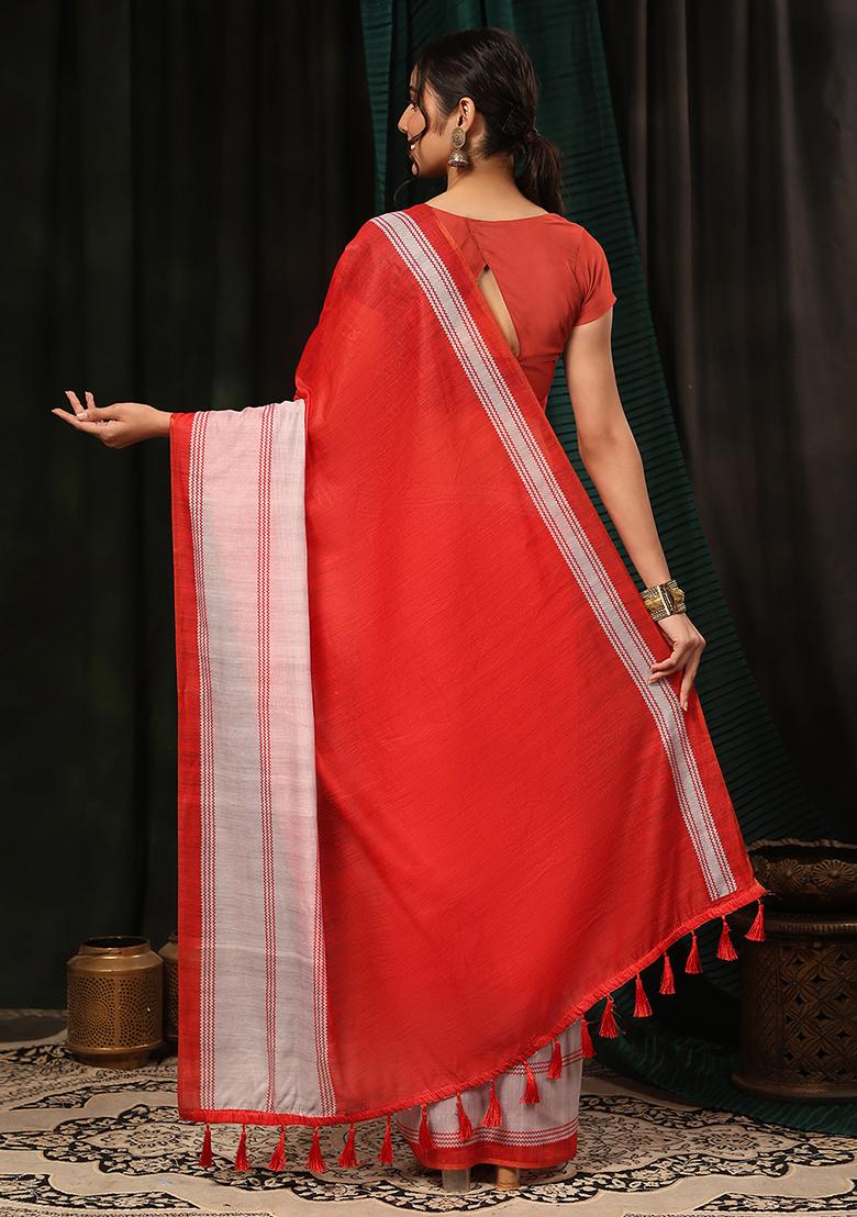 Red Digital Kalamkari Print Cotton Blend Saree Set