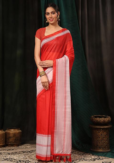 Red Digital Kalamkari Print Cotton Blend Saree Set
