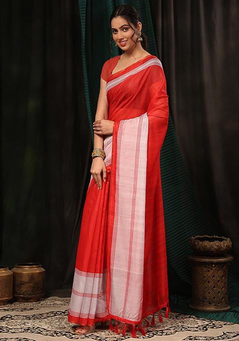 Red Digital Kalamkari Print Cotton Blend Saree Set