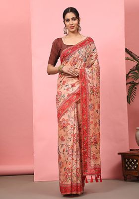 Peach Digital Kalamkari Print Cotton Blend Saree Set