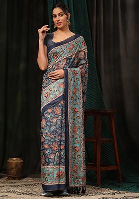 Navy Blue Kalamkari Print Cotton Blend Saree Set