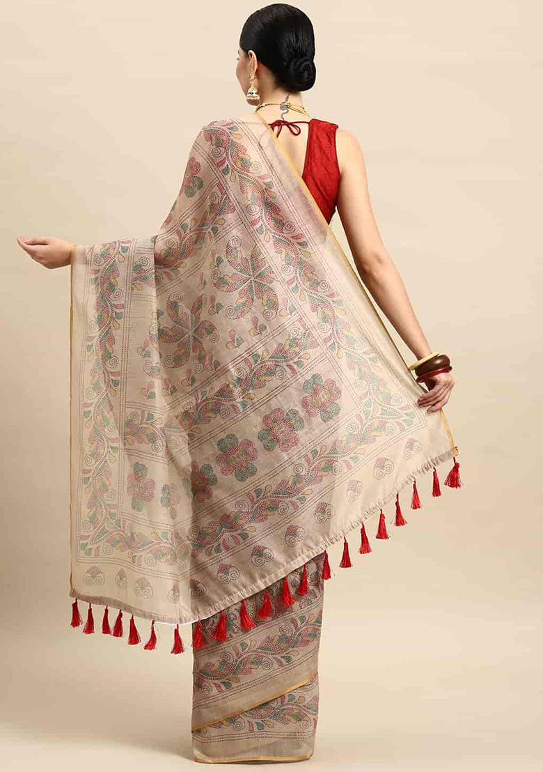 Multicolor Kalamkari Thread Embroidered Cotton Blend Saree Set