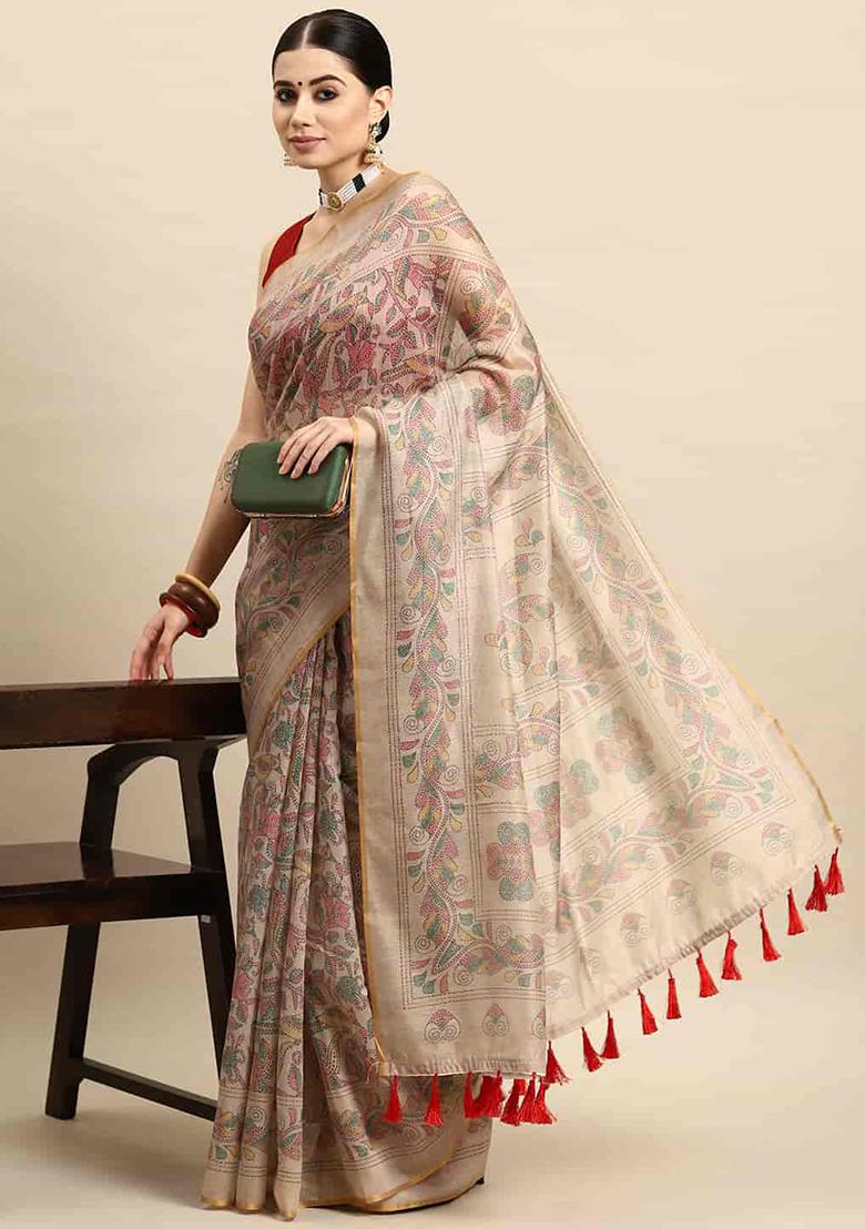 Multicolor Kalamkari Thread Embroidered Cotton Blend Saree Set