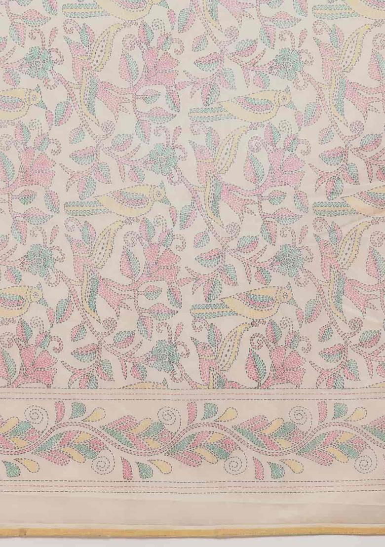 Multicolor Kalamkari Thread Embroidered Cotton Blend Saree Set - Indya