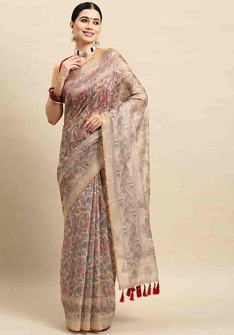 Multicolor Kalamkari Thread Embroidered Cotton Blend Saree Set