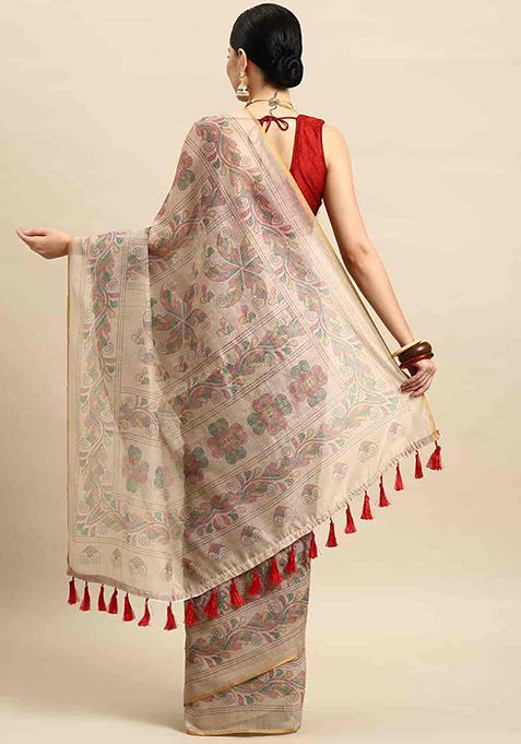 Multicolor Kalamkari Thread Embroidered Cotton Blend Saree Set