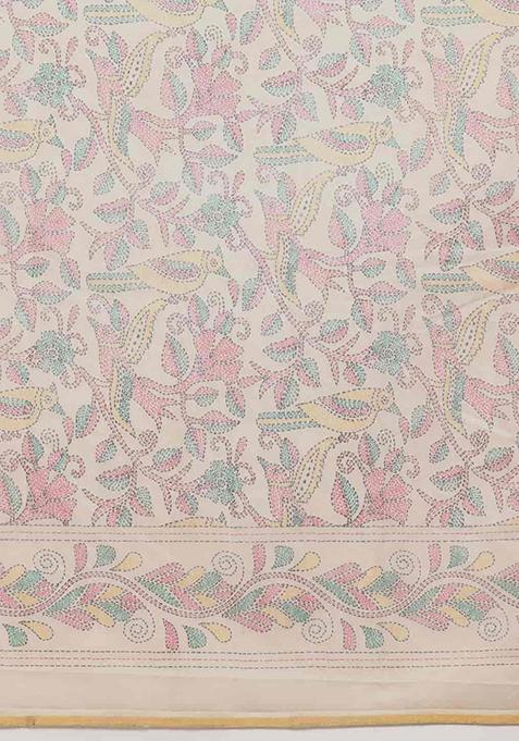 Multicolor Kalamkari Thread Embroidered Cotton Blend Saree Set