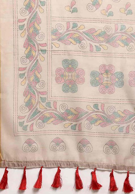 Multicolor Kalamkari Thread Embroidered Cotton Blend Saree Set