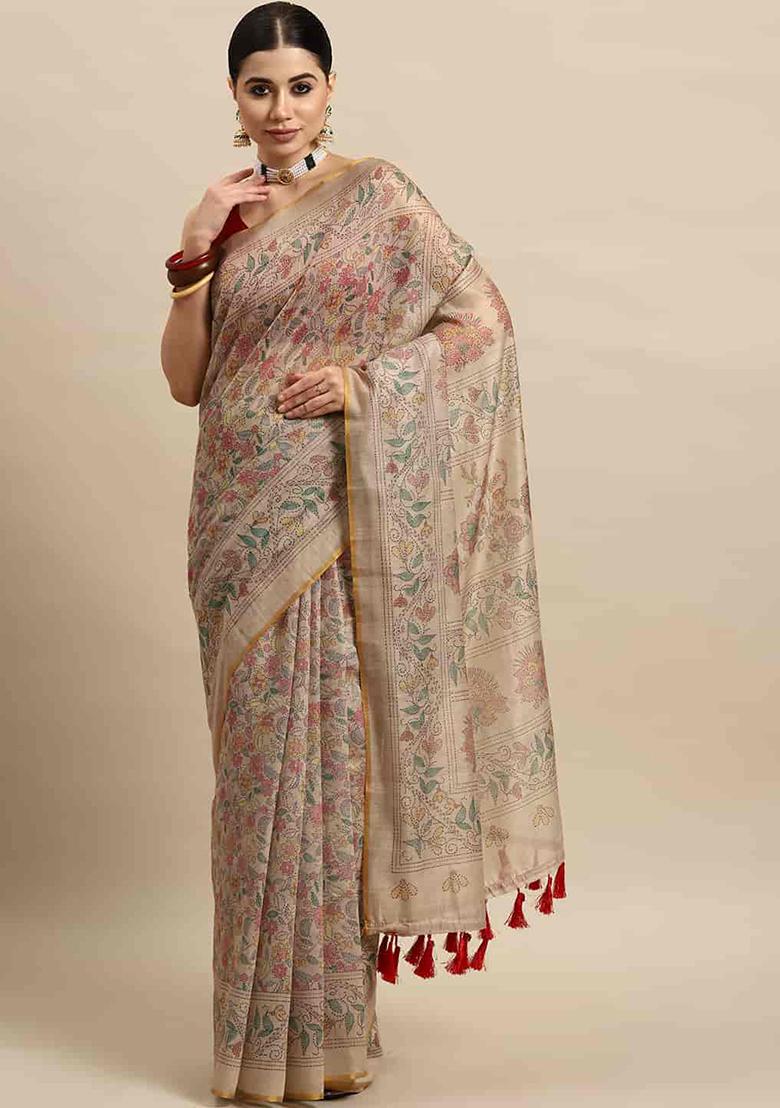 Multicolour Kalamkari Thread Embroidered Cotton Blend Saree Set