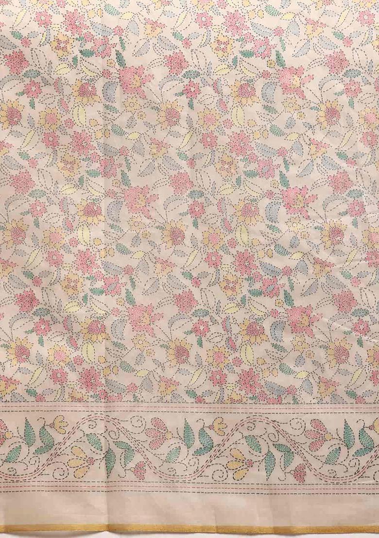 Multicolour Kalamkari Thread Embroidered Cotton Blend Saree Set