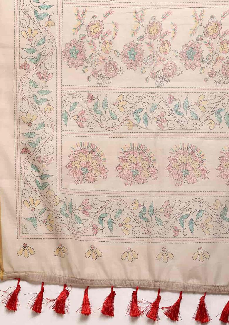 Multicolour Kalamkari Thread Embroidered Cotton Blend Saree Set