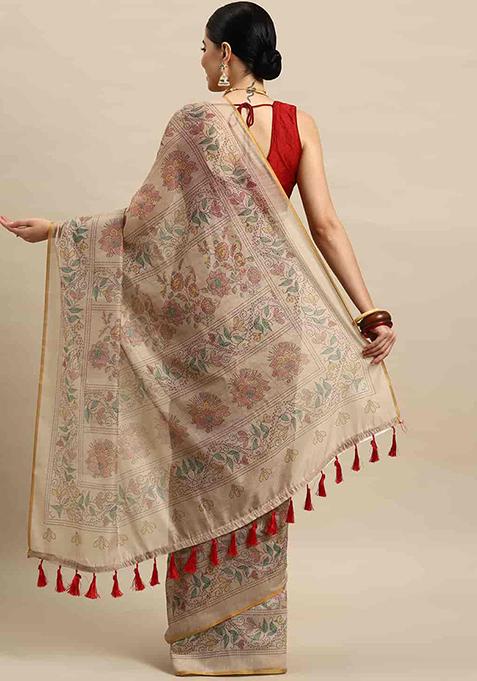 Multicolour Kalamkari Thread Embroidered Cotton Blend Saree Set