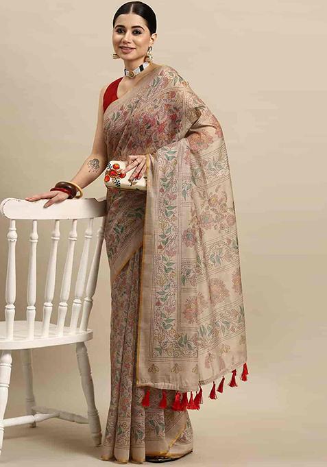 Multicolour Kalamkari Thread Embroidered Cotton Blend Saree Set