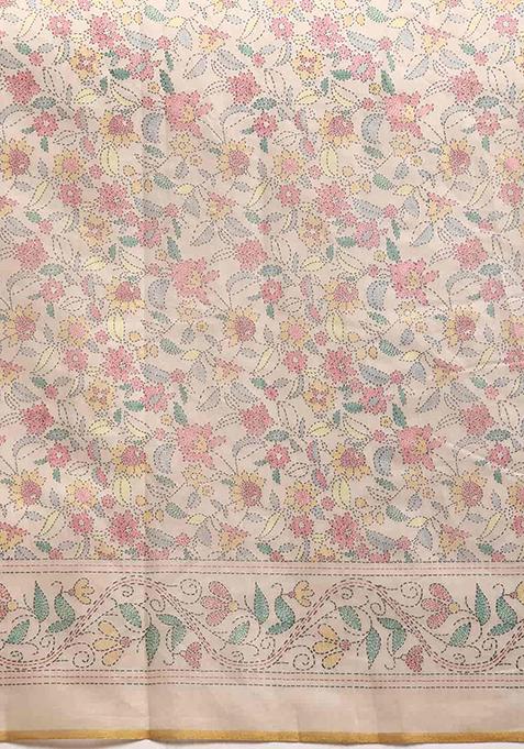 Multicolour Kalamkari Thread Embroidered Cotton Blend Saree Set