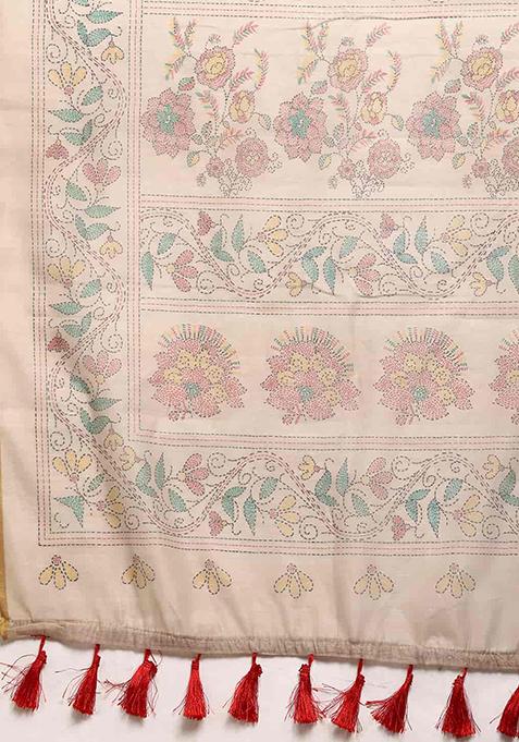 Multicolour Kalamkari Thread Embroidered Cotton Blend Saree Set