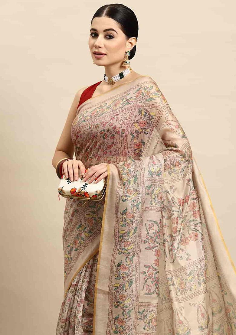 Multicolor Thread Embroidered Cotton Blend Saree Set