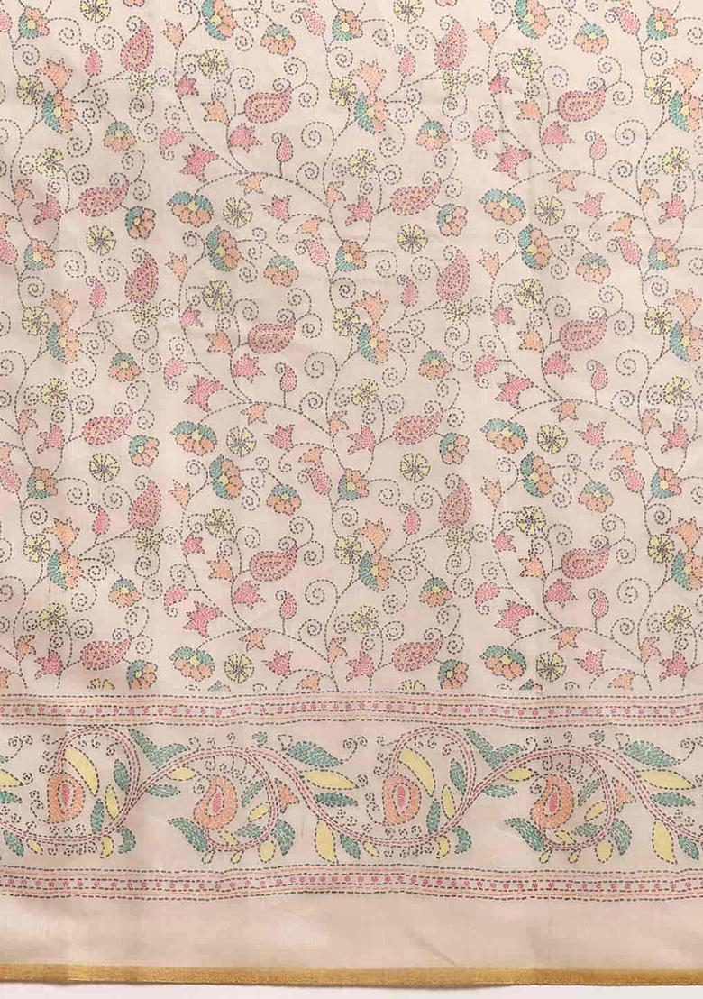 Multicolor Thread Embroidered Cotton Blend Saree Set - Indya