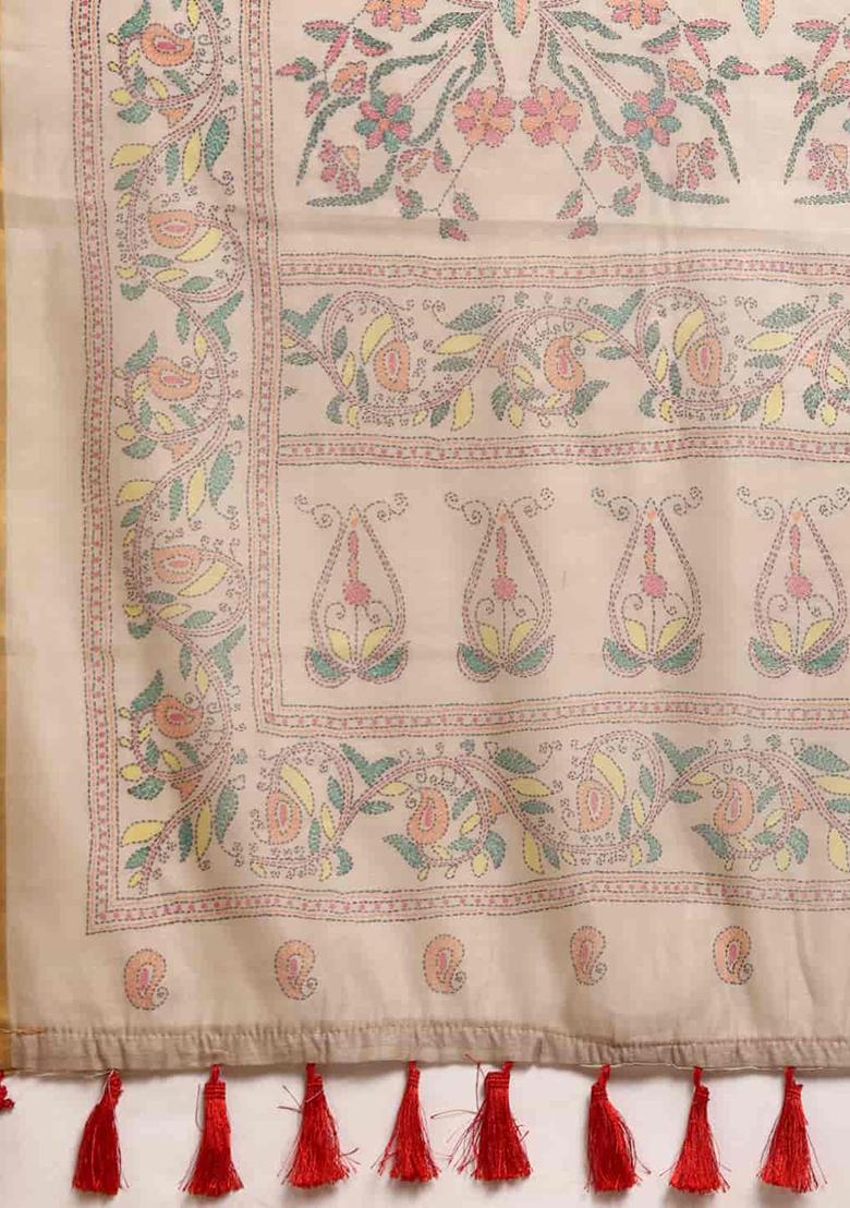 Multicolor Thread Embroidered Cotton Blend Saree Set