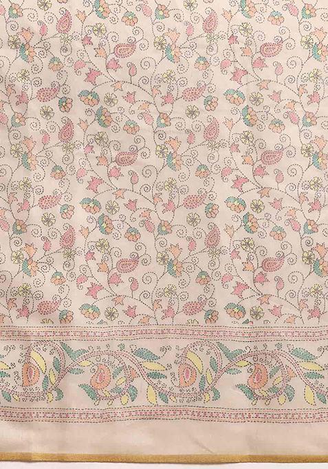 Multicolor Thread Embroidered Cotton Blend Saree Set