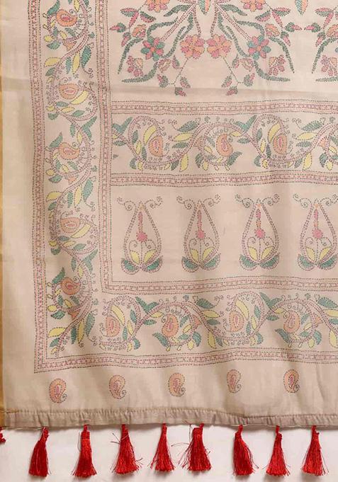 Multicolor Thread Embroidered Cotton Blend Saree Set