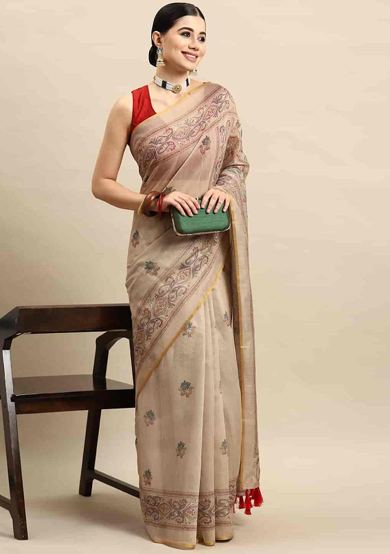 Multicolour Thread Embroidered Cotton Blend Saree Set