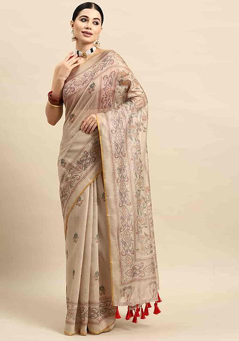 Multicolour Thread Embroidered Cotton Blend Saree Set