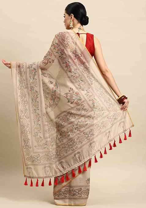 Multicolour Thread Embroidered Cotton Blend Saree Set