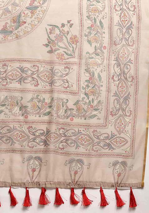 Multicolour Thread Embroidered Cotton Blend Saree Set