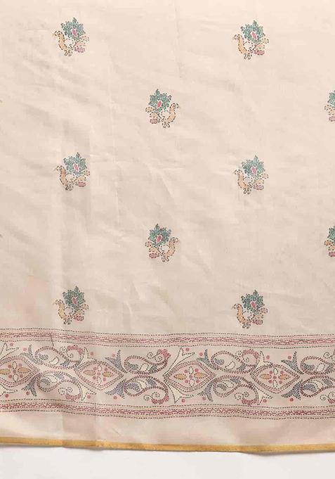 Multicolour Thread Embroidered Cotton Blend Saree Set