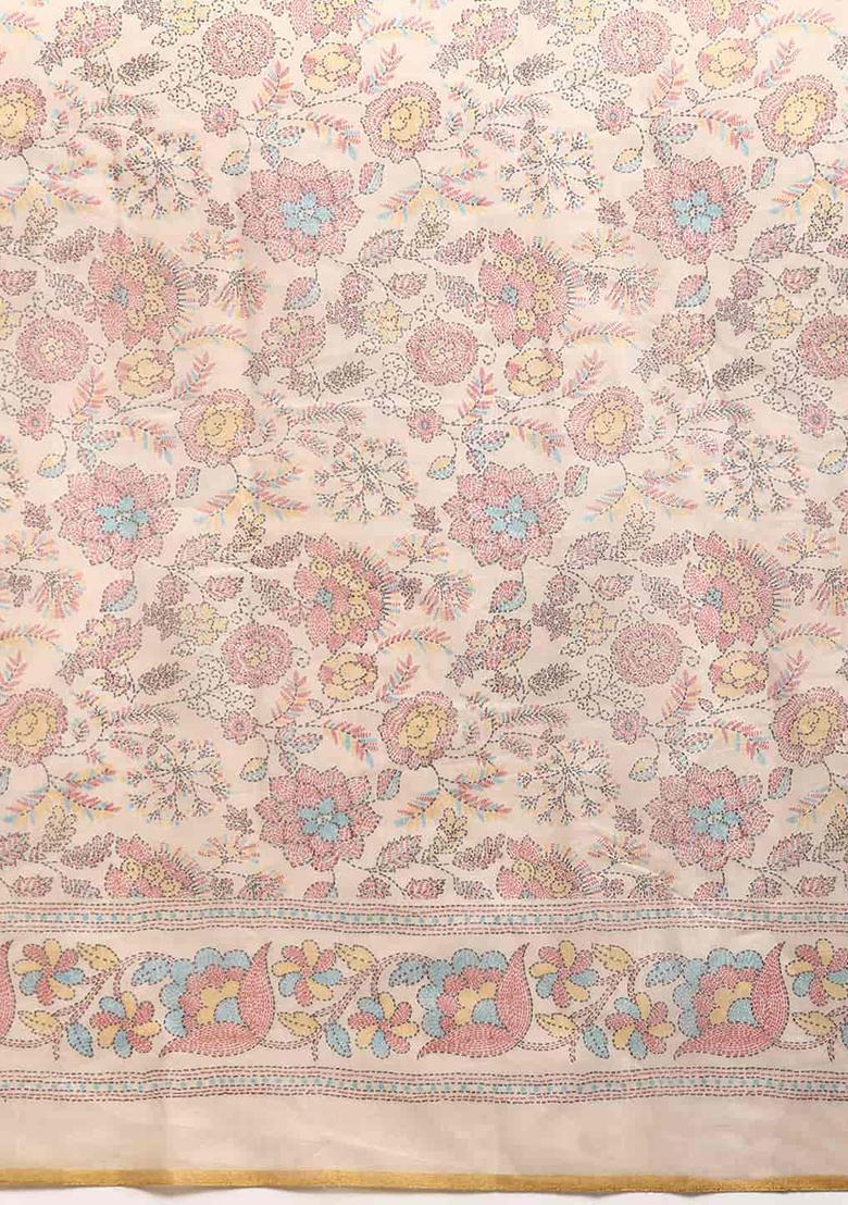 Multicolor Kalamkari Embroidered Cotton Blend Saree Set