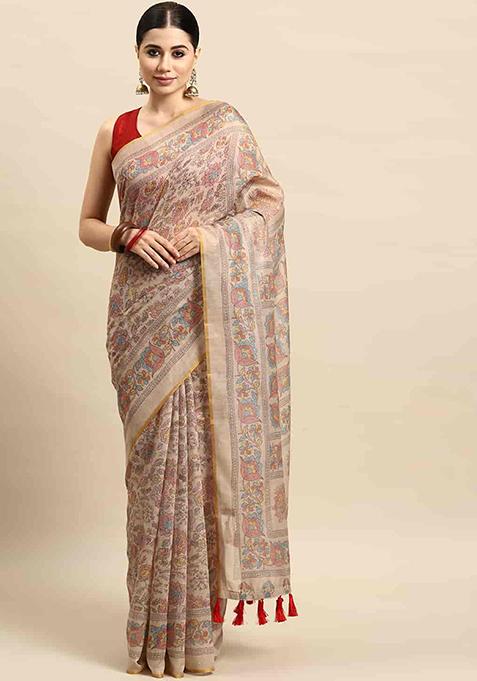 Multicolor Kalamkari Embroidered Cotton Blend Saree Set