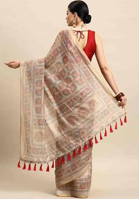 Multicolor Kalamkari Embroidered Cotton Blend Saree Set