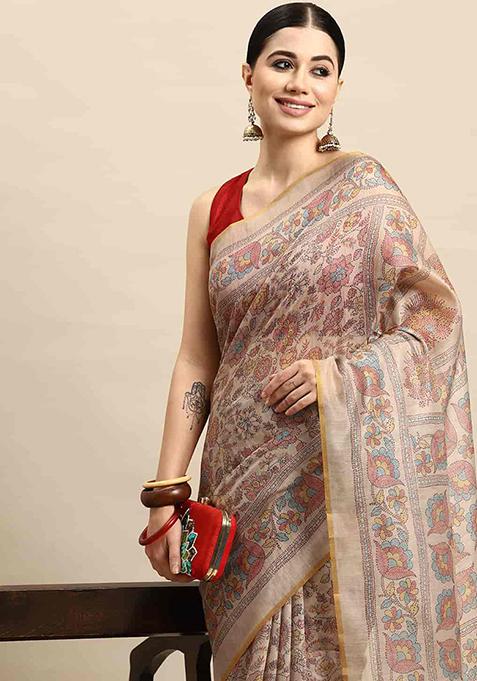 Multicolor Kalamkari Embroidered Cotton Blend Saree Set