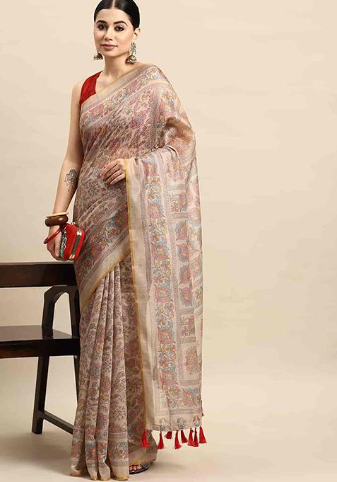 Multicolor Kalamkari Embroidered Cotton Blend Saree Set