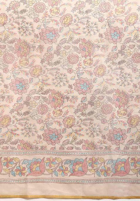 Multicolor Kalamkari Embroidered Cotton Blend Saree Set