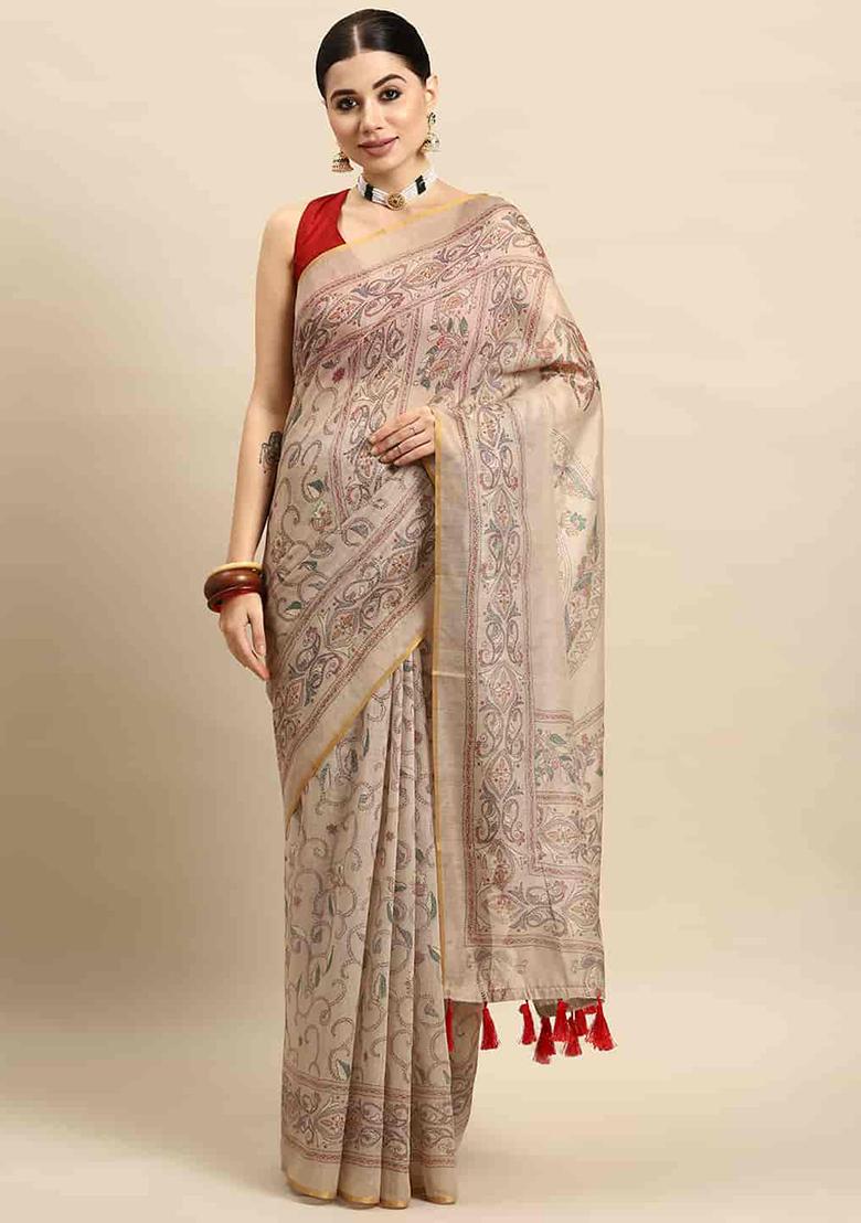 Multicolour Kalamkari Embroidered Cotton Blend Saree Set