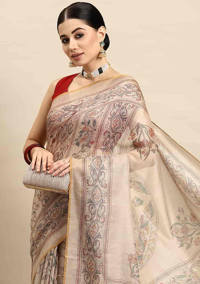 Multicolour Kalamkari Embroidered Cotton Blend Saree Set